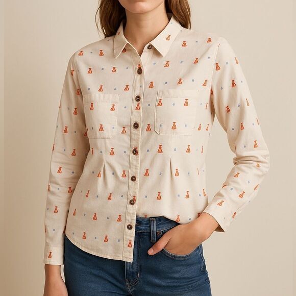 Maeve Anthropologie Teepee Print Pleated Button Down Blouse – Size 2 - Picture 1 of 12